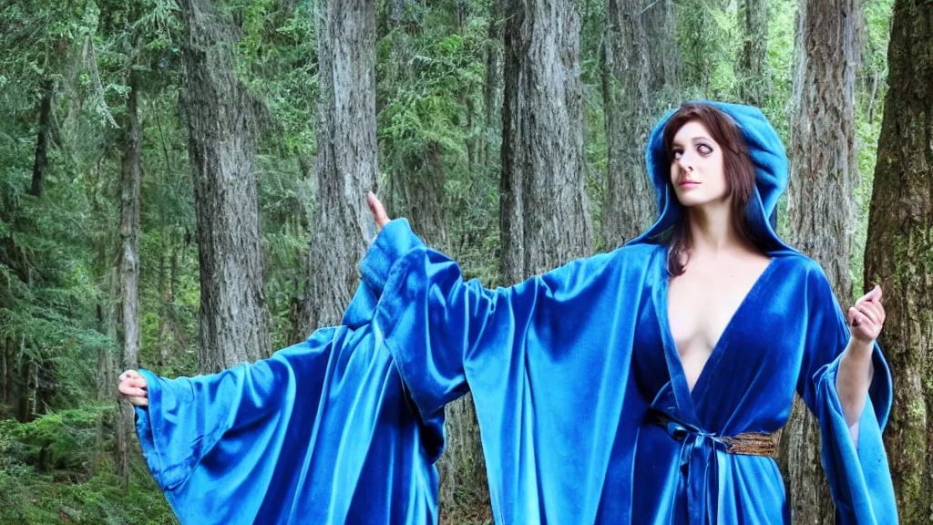 Prompt: beautiful sorceress, blue silky robe, long shot, mystical forest, in the style of davegore