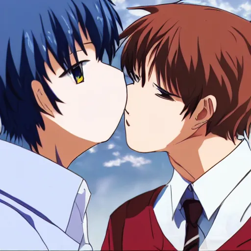 Image similar to key anime visual still portrait of anthropomorphic anthro male grey wolves with handsome eyes, kissing each other, wearing school uniform, official studio anime still