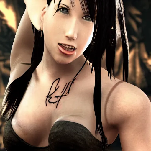 Image similar to high quality screenshot of tifa lockhart with tattoos, smiling, trending on artstation