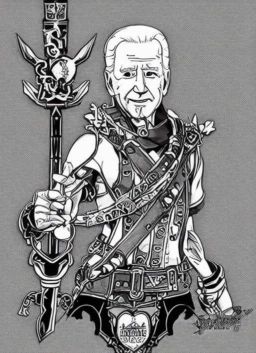 Prompt: joe biden as a kingdom hearts keyblade villain, official square enix hand painted inked artwork, intricate design, high definition, delicate patterned, fantasy, fashionable rpg clothing