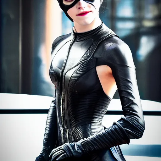 Image similar to Emma Watson as Catwoman, XF IQ4, f/1.4, ISO 200, 1/160s, Adobe Lightroom, DxO Photolab, polarizing filter, Sense of Depth, AI enhanced, denoised, sharpened, HDR