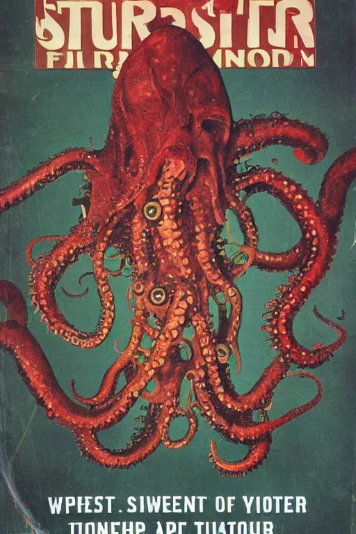 Image similar to photo of poor condition, torn, stained, vintage pulp scifi science fiction magazine cover showing upper body portrait of a monster with tentacles coming from its head, 4 k, high definition