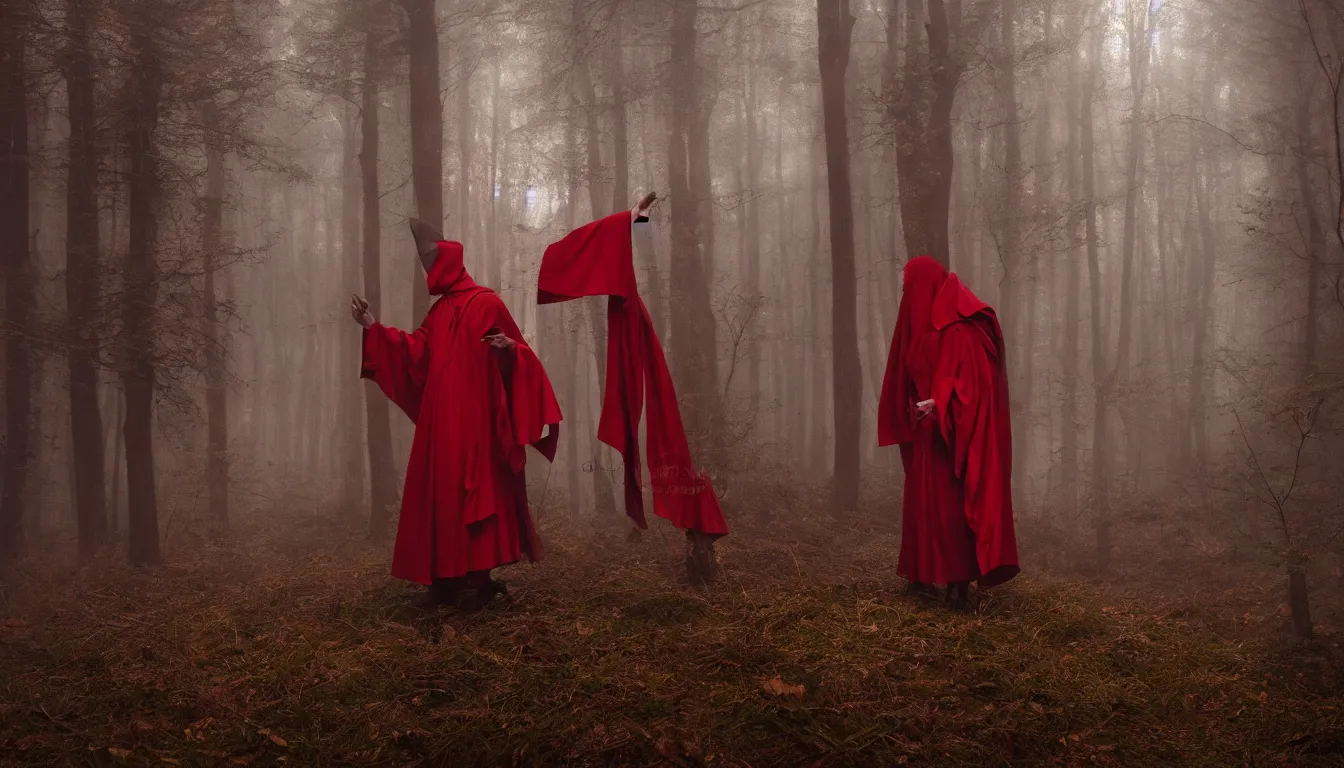 Prompt: a lamb wearing red robes by greg rutkowski, deep colors and dark shadows, forest background, ambient glow, cultist