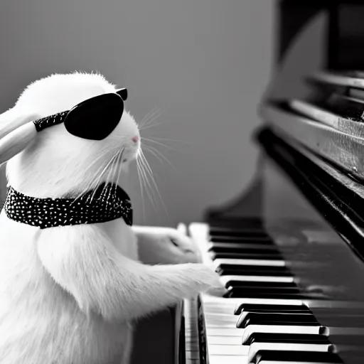 Prompt: a blind rabbit with sunglasses plays the piano with vegetables!!! in the background in the style of ray charles. award winning photography, 5 0 mm.