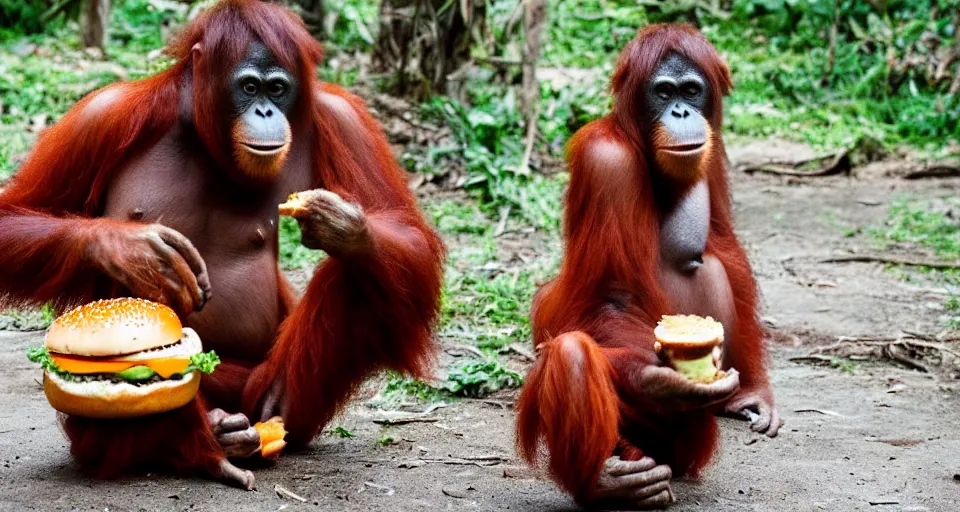 Prompt: an orangutan holding a burger in one hand and a drink in the other