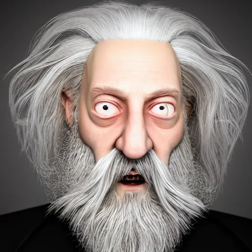 Prompt: A portrait of Alan Moore, a cute 3d cgi toon old badass guy with long light white hair, full bangs, hazel eyes, full face, strong makeup, pale skin, angry, medium shot, mid-shot, soft focus, 4k, trending on artstation, as a Pixar character