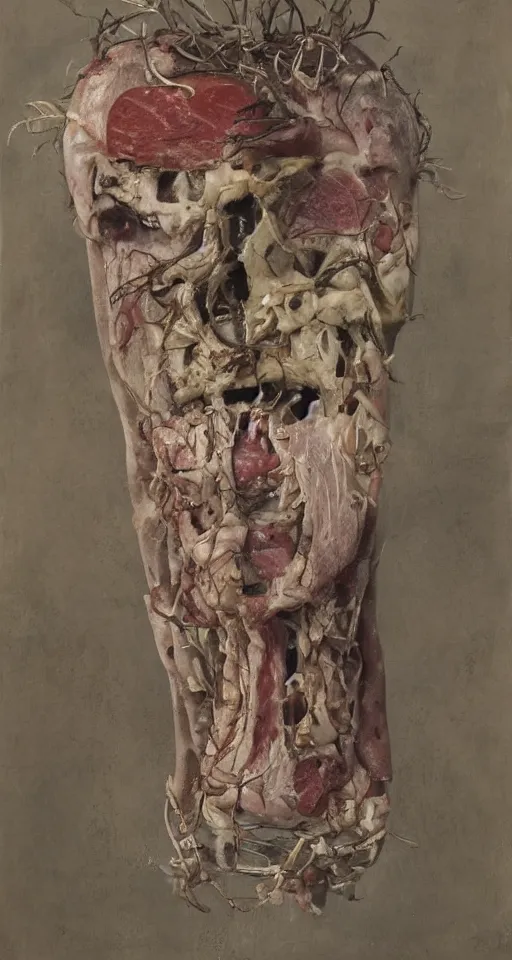 Image similar to Professional arrangement of human flesh, bones, teeth, and rotten meat in a flower vase