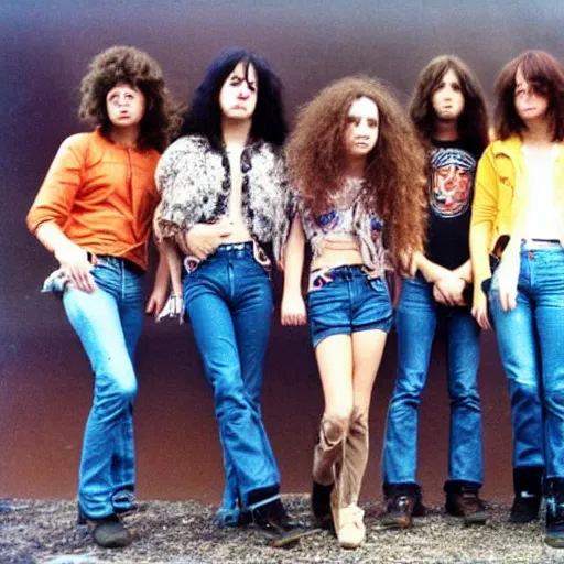 Image similar to group of 1 9 - year - old girls with shaggy wavy hair, wearing double denim, proto - metal band promo, heavy rock band promo photo, 1 9 7 5 photo