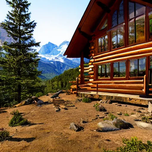 Prompt: an outside view of a log and stone cabin with a view of 2 mountains and a valley in-between, cinematic, composition