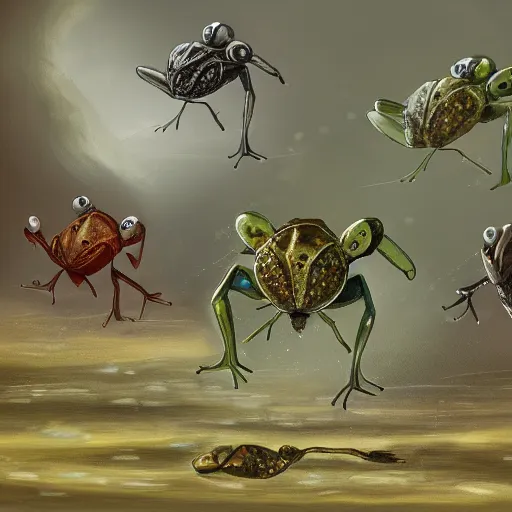 Image similar to the council of armored frogs betrays a fly, wide scene, foreboding, professional digital painting, 4k