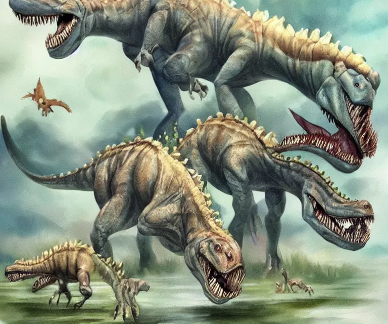 Prompt: mutant dinosaurs, water painting, soft tones, prehistoric