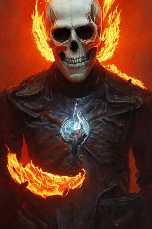 Image similar to Portrait of Ryan Gosling as Ghost Rider, half human face and half flame skull, marvel, dark, intricate, highly detailed, smooth, artstation, digital illustration by Ruan Jia and Mandy Jurgens and Artgerm and Wayne Barlowe and Greg Rutkowski and Zdislav Beksinski