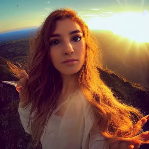 Image similar to Selfie of a beautiful woman with gorgeous flowy hair, standing over a cliff, beautiful volumetric lighting, subsurface scattering!!!!!!, (((((vivid))))) atmosphere, radiant sunshine, trending on artstation, 4k, 8k, artstation portrait imagery, fisheye!!!!! lens, instagram!!!!! selfie!!!!!