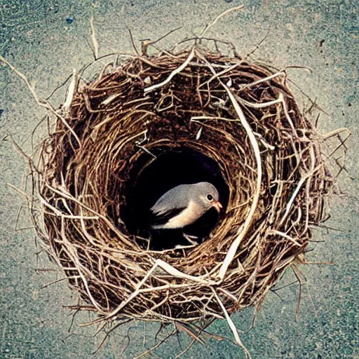 Prompt: “analogue photo of a bird living in a nest made of garbage”