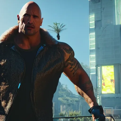 Image similar to Dwayne The Rock Johnson Cyberpunk 2077 mod