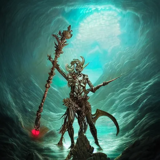 Image similar to a beautiful detailed 3d matte portrait of a male triton with green hair, wearing studded leather armor, wielding a staff with a glowing red crystal, male, dungeons and dragons character, standing beside the ocean, by ellen jewett, by tomasz alen kopera, by Justin Gerard, ominous, magical realism, texture, intricate, skull, skeleton, whirling smoke, alchemist bottles, radiant colors, fantasy, volumetric lighting, high details