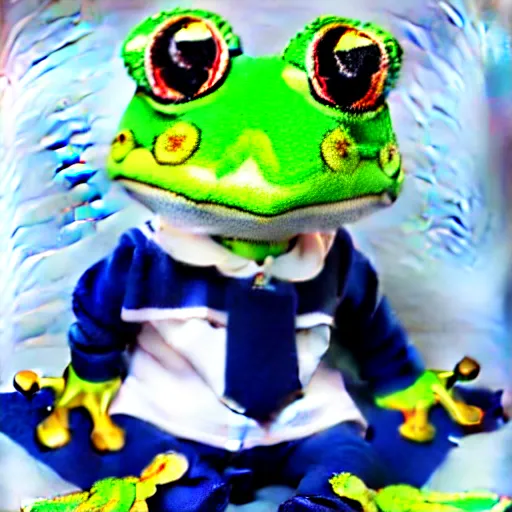 Image similar to cute frog wearing a sailor suit, studio photography,