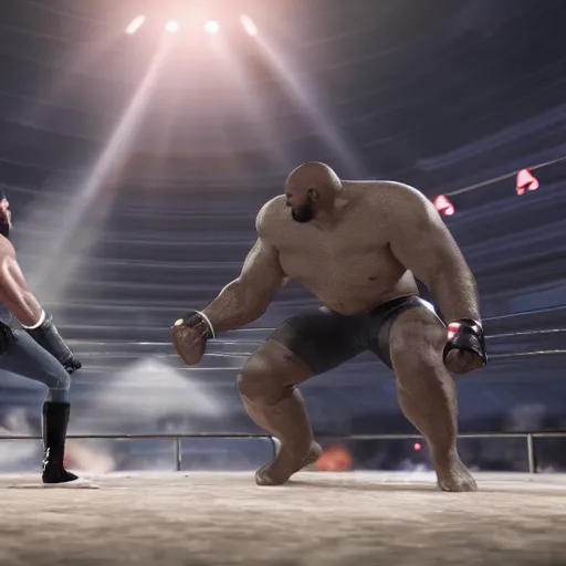 Prompt: giga chad fighting the rock in a wwe arena, cinematic lighting, photorealistic,