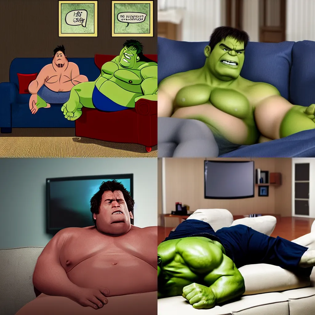 Prompt: very fat hulk lying on couch and watching TV