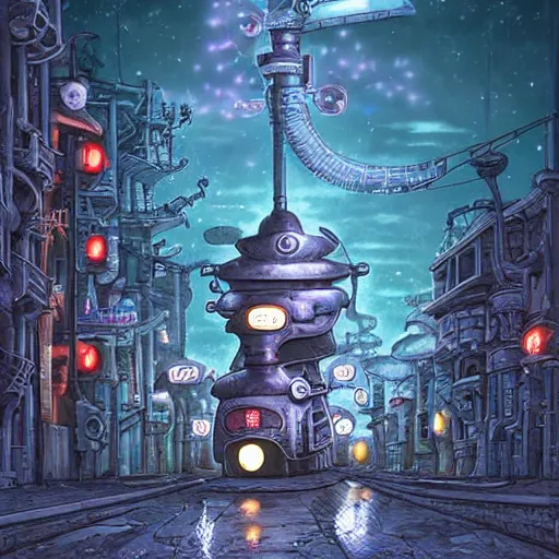 Image similar to fantasycore street view of futuristic machinarium tokyo at night by michael whelan and naomi okubo and dan mumford. cute chibi machinarium robots. cel-shaded. glossy painting.