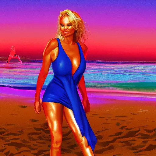 Image similar to surreal pamela anderson on baywatch beachside in chromatic distortions in mysterious place, beautiful, psychedelic, lsd, trending on artstation, artwork by Tran, Ross