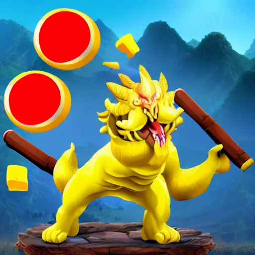 Image similar to Chinese president with bananas weapon, dragon, mountains background, fighting stance