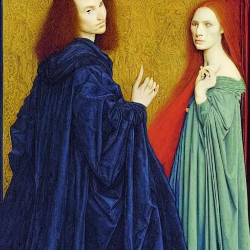 Prompt: portrait of natalie portman and scarlet johansson, by albrecht durer, jean delville, jan van eyck, da vinci