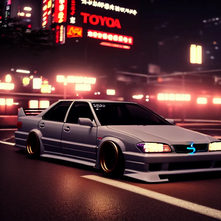 Image similar to Toyota JZX100 Drift, detailed-wheels, Shibuya prefecture, cinematic lighting, photorealistic, night photography, octane render