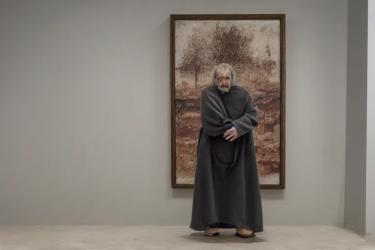 Image similar to man wearing old weathered robe in front of the framed painting, in the minimalistic retrofururistic art gallery, by rutkovski and beksinski