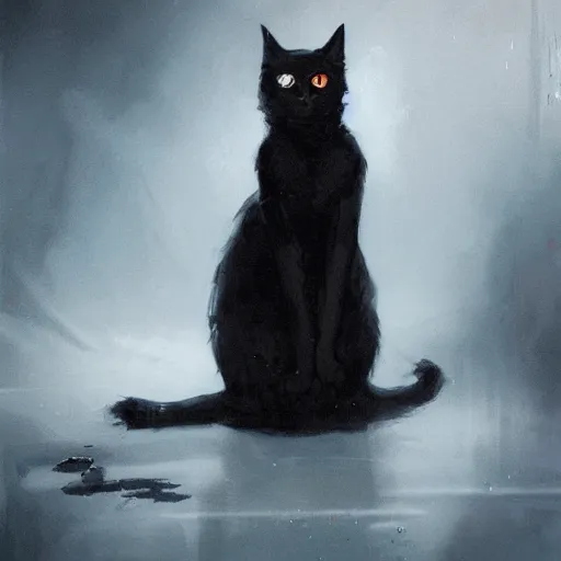 Image similar to black cat, humanoid features, Greg Rutkowski