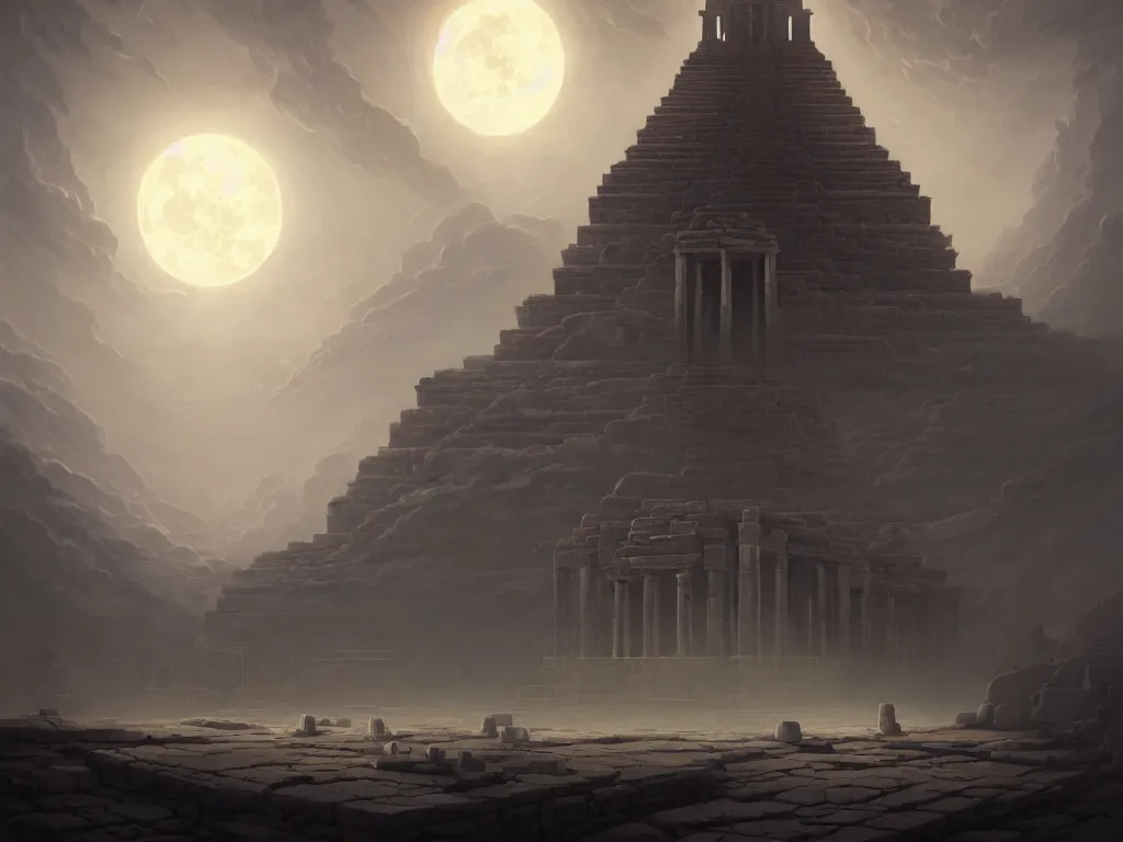 Prompt: A picture of an ancient temple with geometric patterns under the full moon art by Noah Bradley, Darek Zabrocki, Pablo Carpio and Jordan Grimmer, ominous, cosmic horror, trending on artstation, Ultra detailed, hyper realistic, 4k