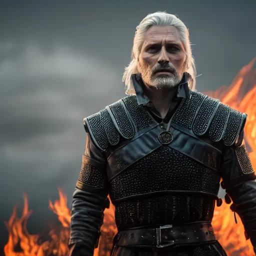 Image similar to mads mikkelsen as gerald the witcher doing igni, fire, concept art, high definition, professional photography, 8 k