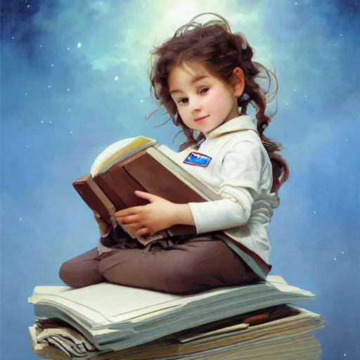 Image similar to a cute little girl with a mischievous face and short brown wavy curly hair sitting on top of a tall pile of books. she is dressed as an astronaut. well composed, clean elegant painting, beautiful detailed face. art by artgerm and greg rutkowski and ( alphonse mucha )