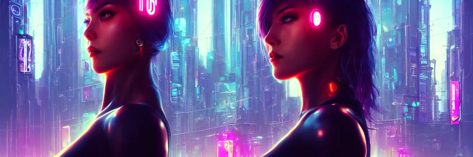 Prompt: portrait of one female humanoid in a cyberpunk cityscape, half body cropping, elegant glamor pose, accurate anatomy, cyber led neon lighting, bokeh, rule of thirds, hyper photorealistic, crispy quality, digital photography, art by pascal blanche, art by artgerm, art by greg rutkowski,