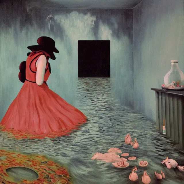 Image similar to tall female emo artist holding a pig in her flooded bathroom, water gushing from ceiling, painting of flood waters inside an artist's bathroom, a river flooding indoors, pomegranates, pigs, ikebana, zen, water, octopus, river, rapids, waterfall, black swans, canoe, berries, acrylic on canvas, surrealist, by magritte and monet