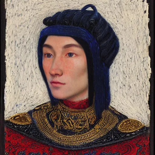 Prompt: head and shoulders portrait of a female knight, kazakh, lorica squamata, baroque, symbolist, tonalist, sfumato, chiaroscuro, luminous, detailed, ravens, hard lighting, engraving, bargello pattern, palette knife, prussian blue and venetian red, oil glazing