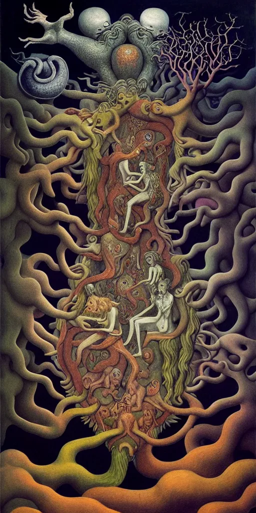 Image similar to mythical creatures and monsters in the visceral heart imaginal realm of the collective unconscious, in a dark surreal painting by johfra, mc escher and ronny khalil