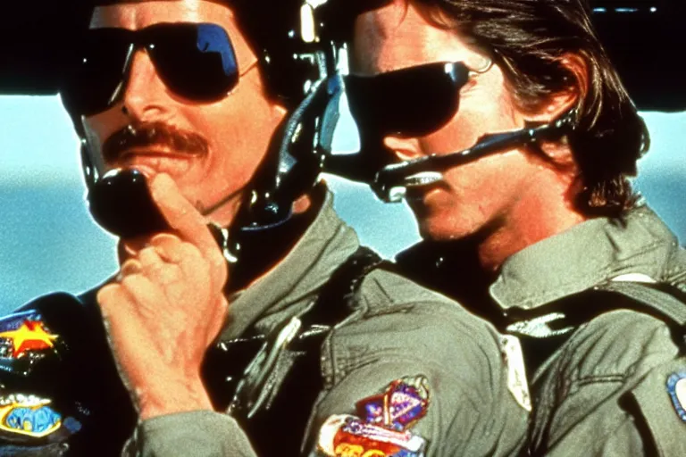 Image similar to film still of Christian Bale as Maverick in Top Gun 1986