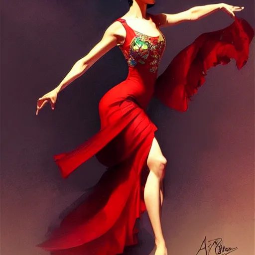 Image similar to female flamenco dancer, spotlight, highly detailed, digital painting, artstation, concept art, smooth, sharp focus, illustration, cinematic lighting, art by artgerm and greg rutkowski and alphonse mucha