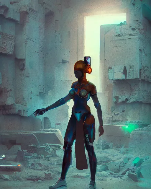 Prompt: android girl in egyptian ruins, ultra realistic, mysterious, cyborg body, atmosphere, glow, detailed, intricate, full of colour, cinematic lighting, trending on artstation, 4 k, focused, extreme details, cinematic, masterpiece, by ismail inceoglu