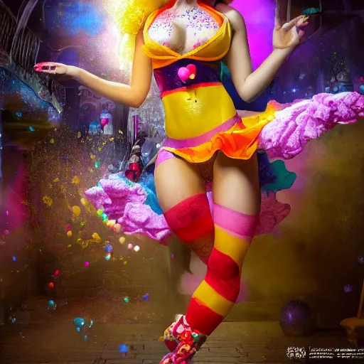 Image similar to full body pose, hyperrealistic mixed media painting of a flirty clown, dim volumetric lighting, 8 k, octane beautifully detailed render, extremely hyper detailed, intricate, epic composition, cinematic lighting, masterpiece, trending on artstation, very very detailed, masterpiece, stunning, hdr, smooth, sharp focus, high resolution, award, winning photo, dslr, 5 0 mm