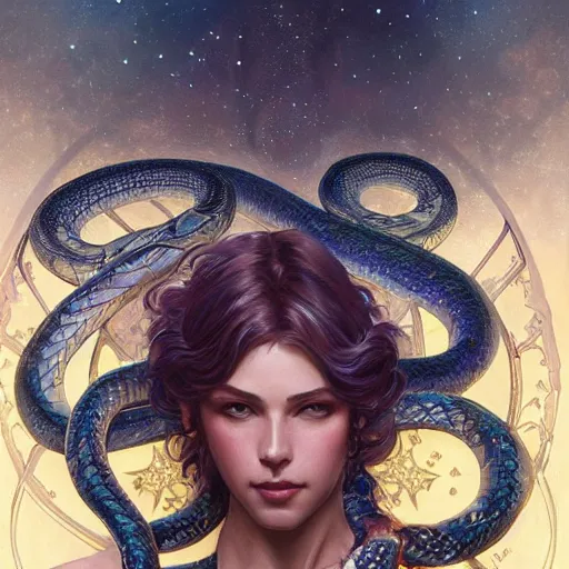 Prompt: serpent made of stars, extremely detailed, 8 k, fantasy, elegant, pale, highly detailed, digital painting, artstation, concept art, smooth, sharp focus, illustration, art by artgerm and greg rutkowski and alphonse mucha