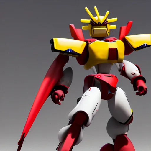 Image similar to A McDonalds Gundam, dynamic pose, greebles, anime, octane render, ultrarealistic