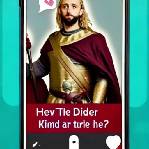 Image similar to a screen capture from the tinder dating app account of king arthur, the once and future king of britain.