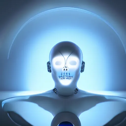 Prompt: A wide bottom camera shot view of a svelte female human with minimalistic bionic implants with artificial general intelligence integrated in her skull in the center of a white minimalistic room with fog in the bottom and light coming from a blue window on the ceiling that lights her skull with blue in the vast white room