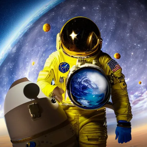 Image similar to astronaut in space, galactic background reflections on suit on one side and a yellow planet on the other side