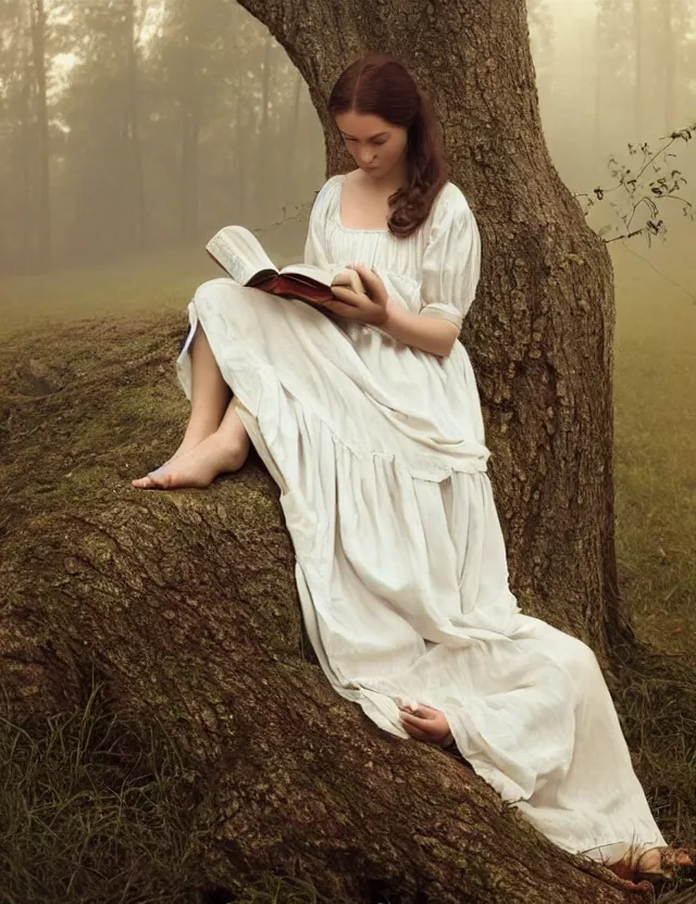 Image similar to beautiful peasant Girl in long white dress reading a book sitting on a tree in a foggy forest, Cinematic focus, Polaroid photo, vintage, neutral colors, soft lights, by Steve Hanks, by Serov Valentin, by lisa yuskavage, by Andrei Tarkovsky 8k render, detailed, oil on canvas