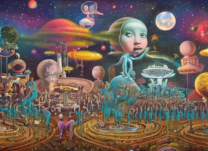 Prompt: the intergalactic concert, lowbrow, matte painting, 3 - d highly detailed, in the style of mark ryden,