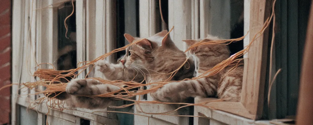 Image similar to a cat playing with spaghetti on a windowsill, city apartment, small details, intricate, sharply focused, canon 5 0 mm, wes anderson film, kodachrome