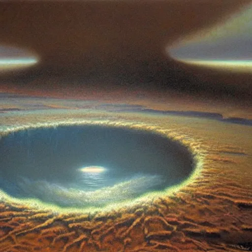 Prompt: a painting of a giant vortex hole in lake tahoe, a surrealist painting by Bob Eggleton, deviantart, nuclear art, apocalypse art, apocalypse landscape, hyper realism